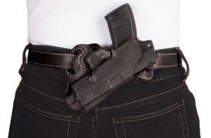 DESANTIS SMALL OF BACK HOLSTER - RH OWB LEATHER COLT 1911 BLK